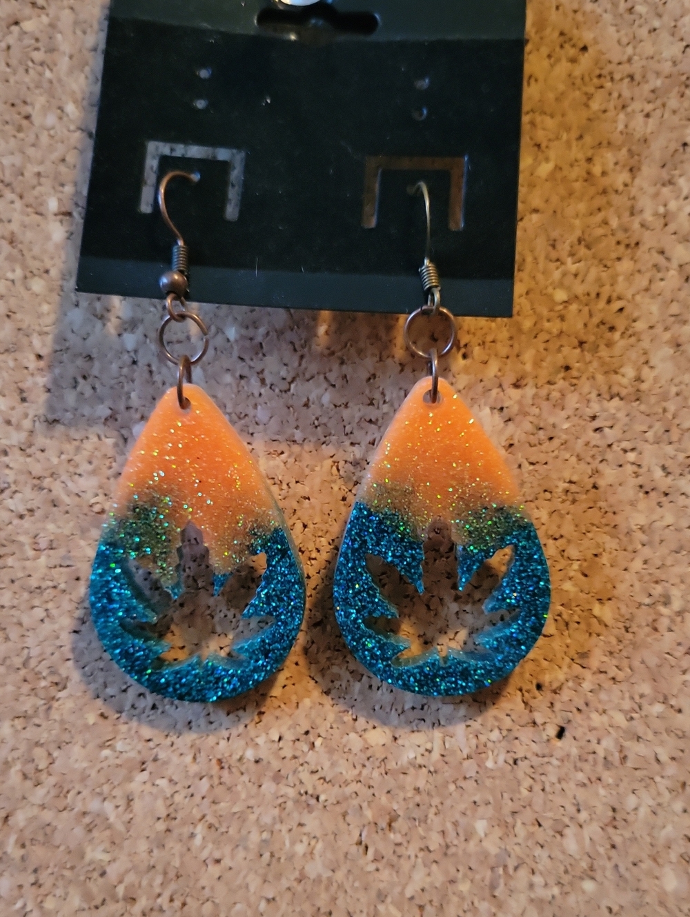 Teardrop Orange and Blue Glitter Leaf Dangle Earrings